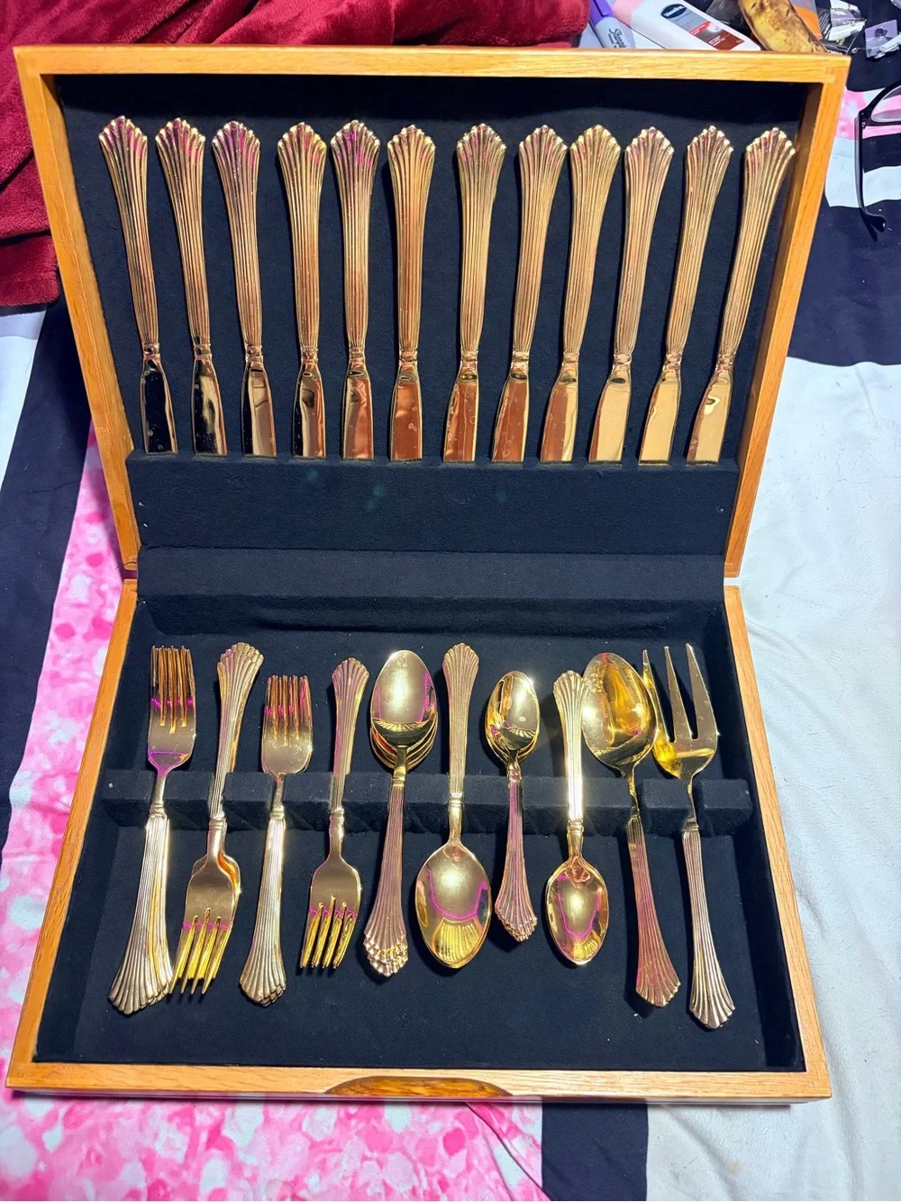 Vintage 59 Piece GoldTone Flatware Cutlery Set - Stainless Steel & Wood Case 10+